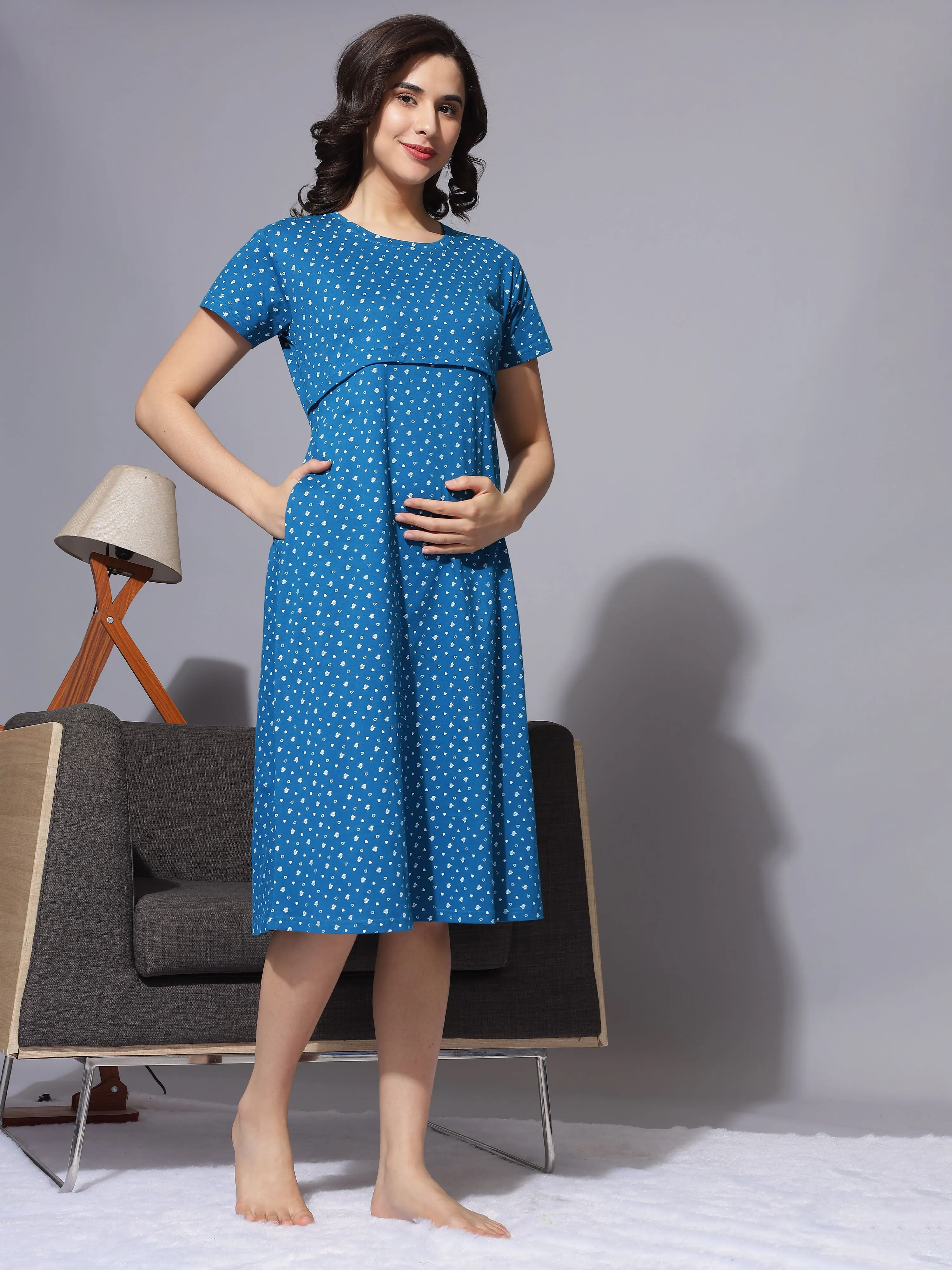 Hosiery Cotton Maternity Petrol Blue Nighty