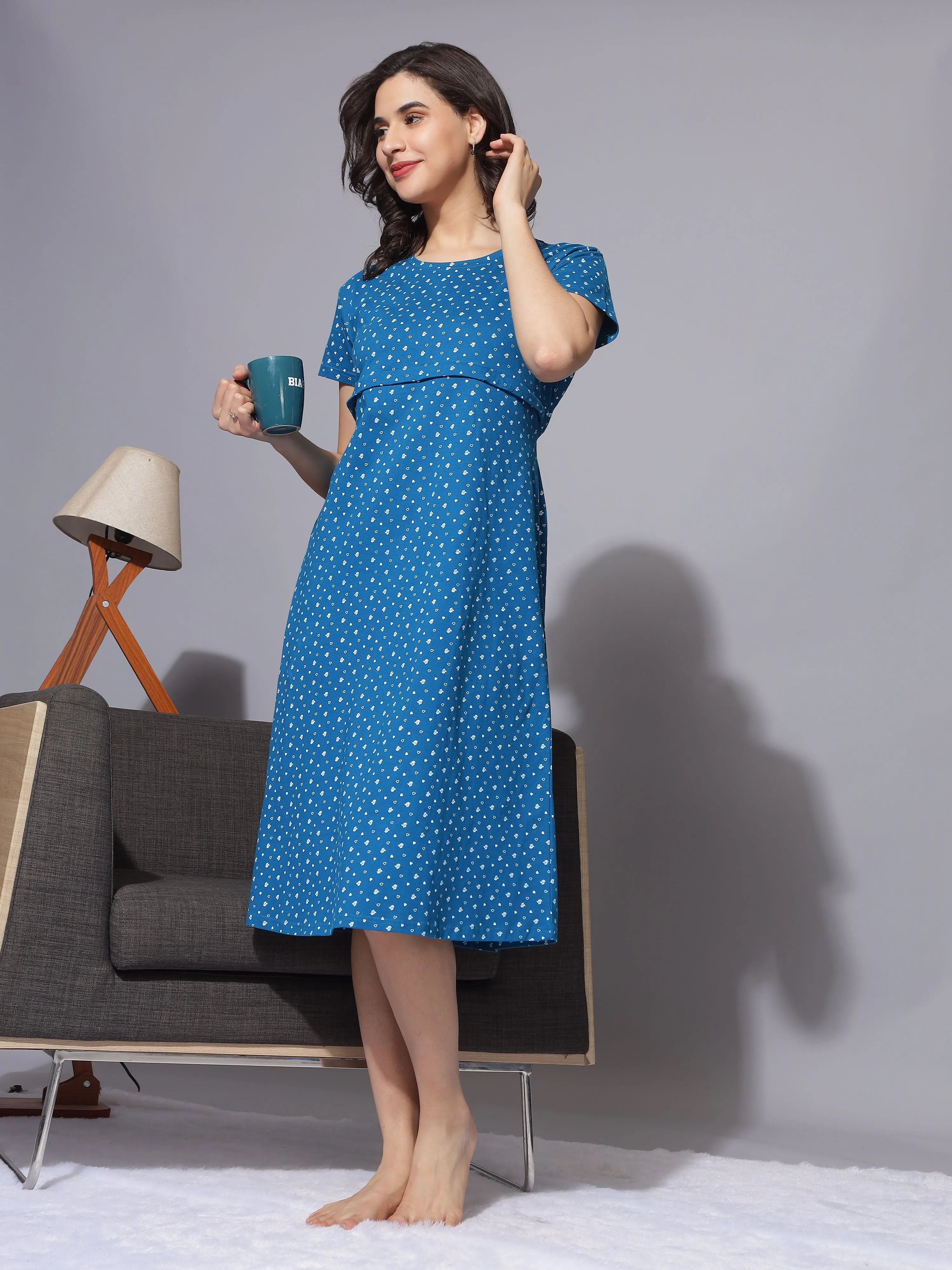 Hosiery Cotton Maternity Petrol Blue Nighty