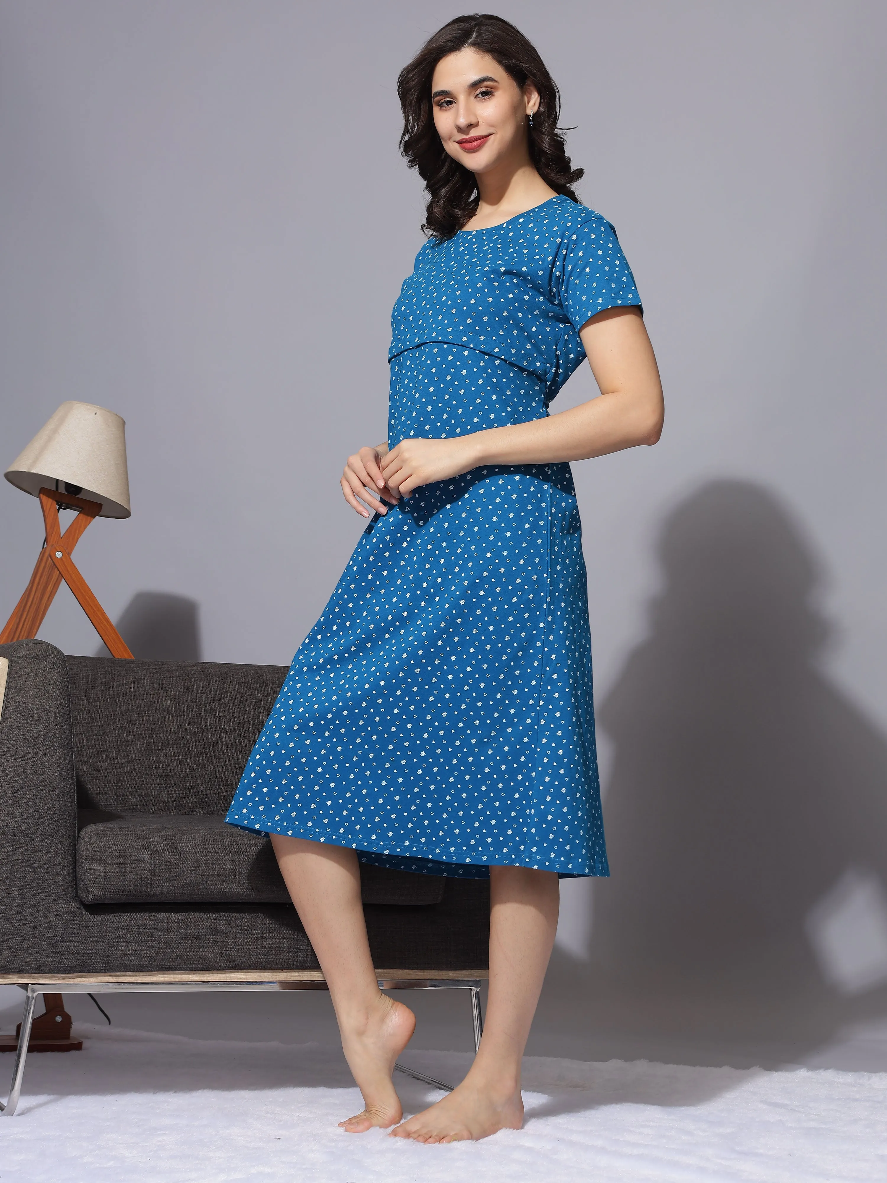 Hosiery Cotton Maternity Petrol Blue Nighty