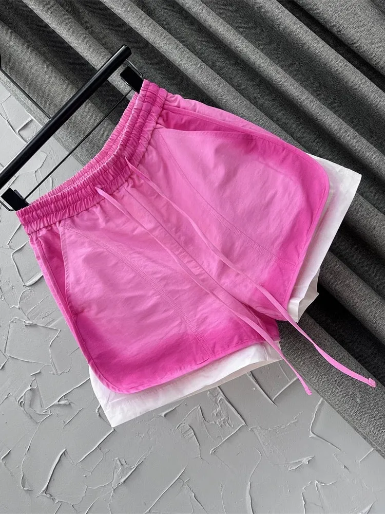 ins internet celebrity style 2024 spring new Korean style elastic waist gradient pink casual pants wide leg denim shorts for wom