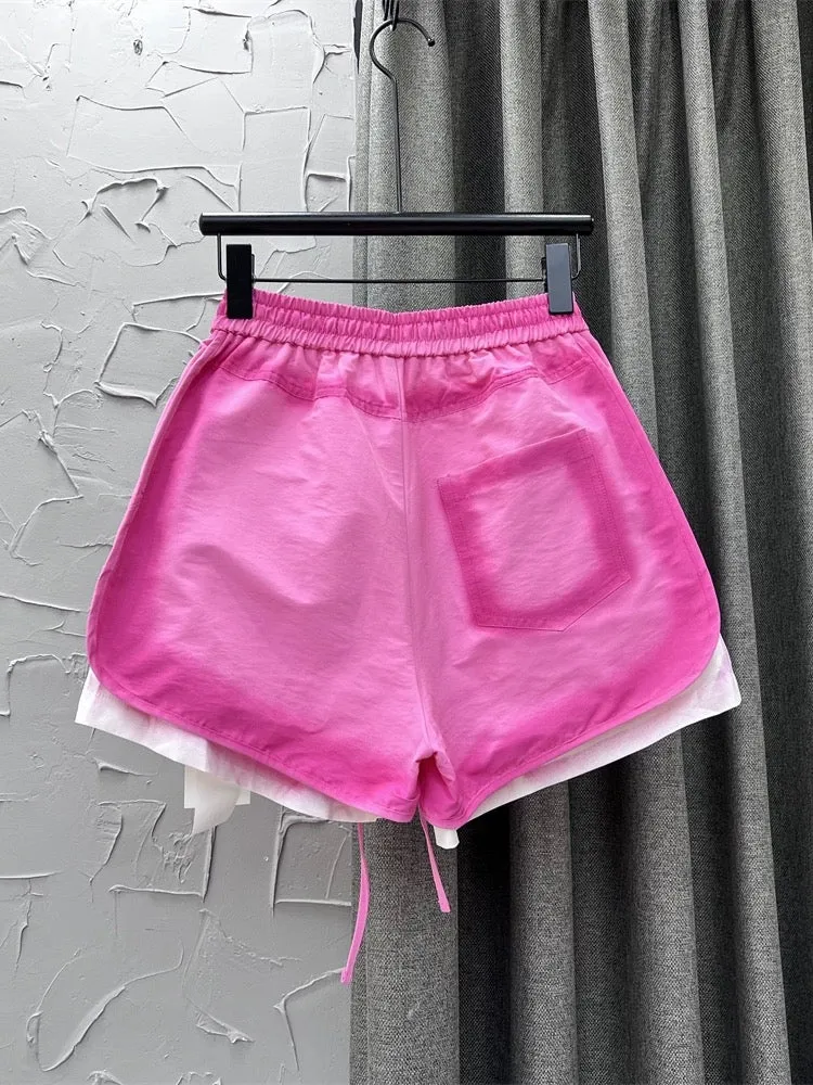 ins internet celebrity style 2024 spring new Korean style elastic waist gradient pink casual pants wide leg denim shorts for wom