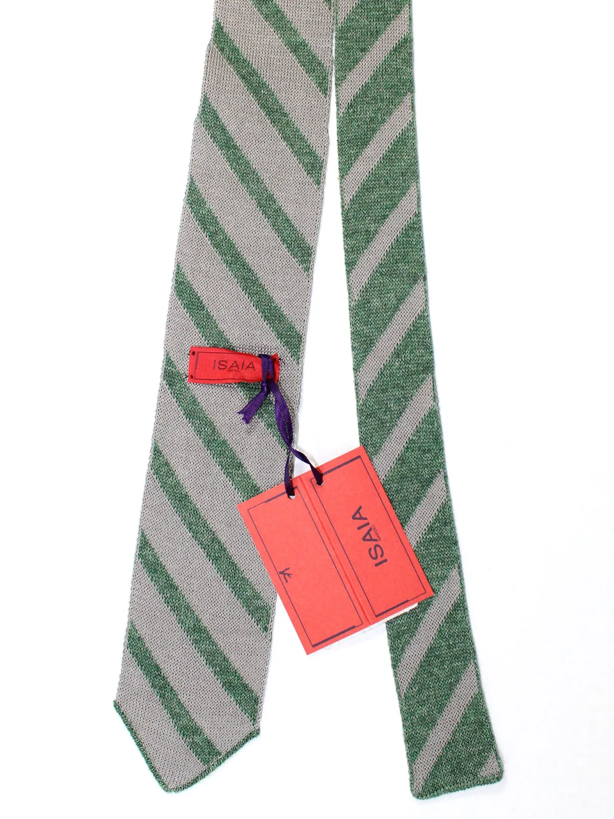 Isaia Sevenfold Tie Green Gray Stripes Cotton - Narrow Necktie