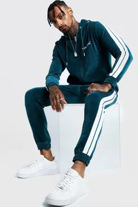 MAN Official Velour Tracksuit With Side Tape | boohooMAN UK