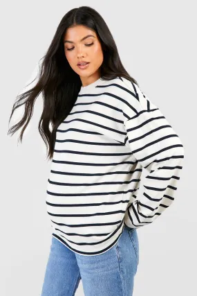 Maternity Crew Neck Long Sleeve Stripe Top