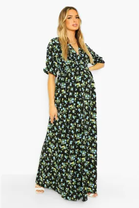 Maternity Floral Puff Sleeve Maxi Dress