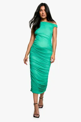 Maternity Mesh Asymmetric Neck Ruched Midi Dress