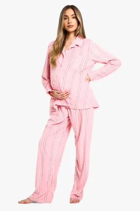 Maternity Pink Stripe Fleece Pyjama Set