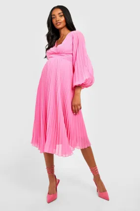 Maternity Pleated Puff Sleeve Midi Dress