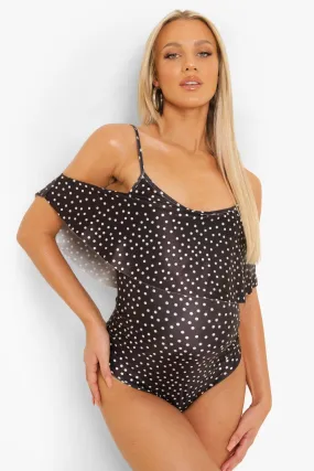 Maternity Polka Dot Cold Shoulder Swimsuit