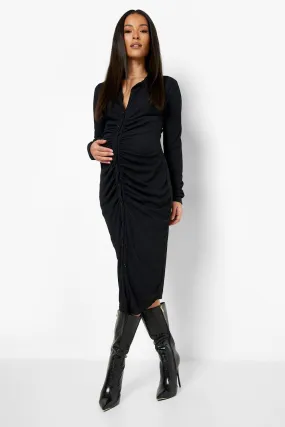 Maternity Rib Ruched Shirt Midi Dress