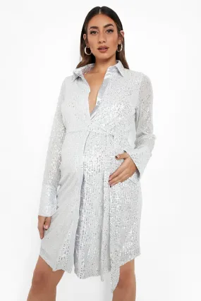 Maternity Sequin Belted Shirt Dress