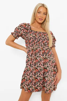 Maternity Shirred Puff Sleeve Mini Dress