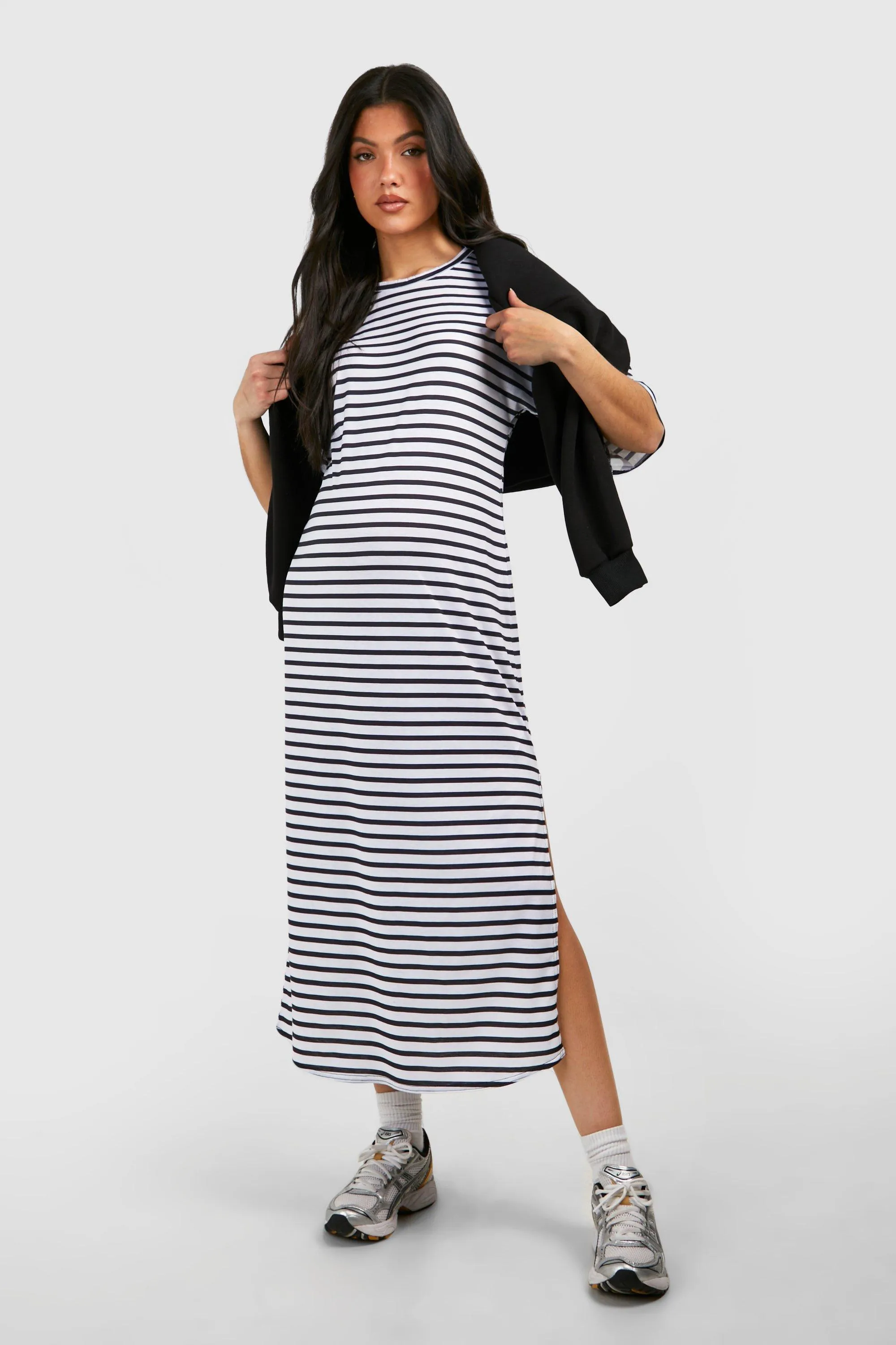 Maternity Short Sleeve Split Hem Striped Dress