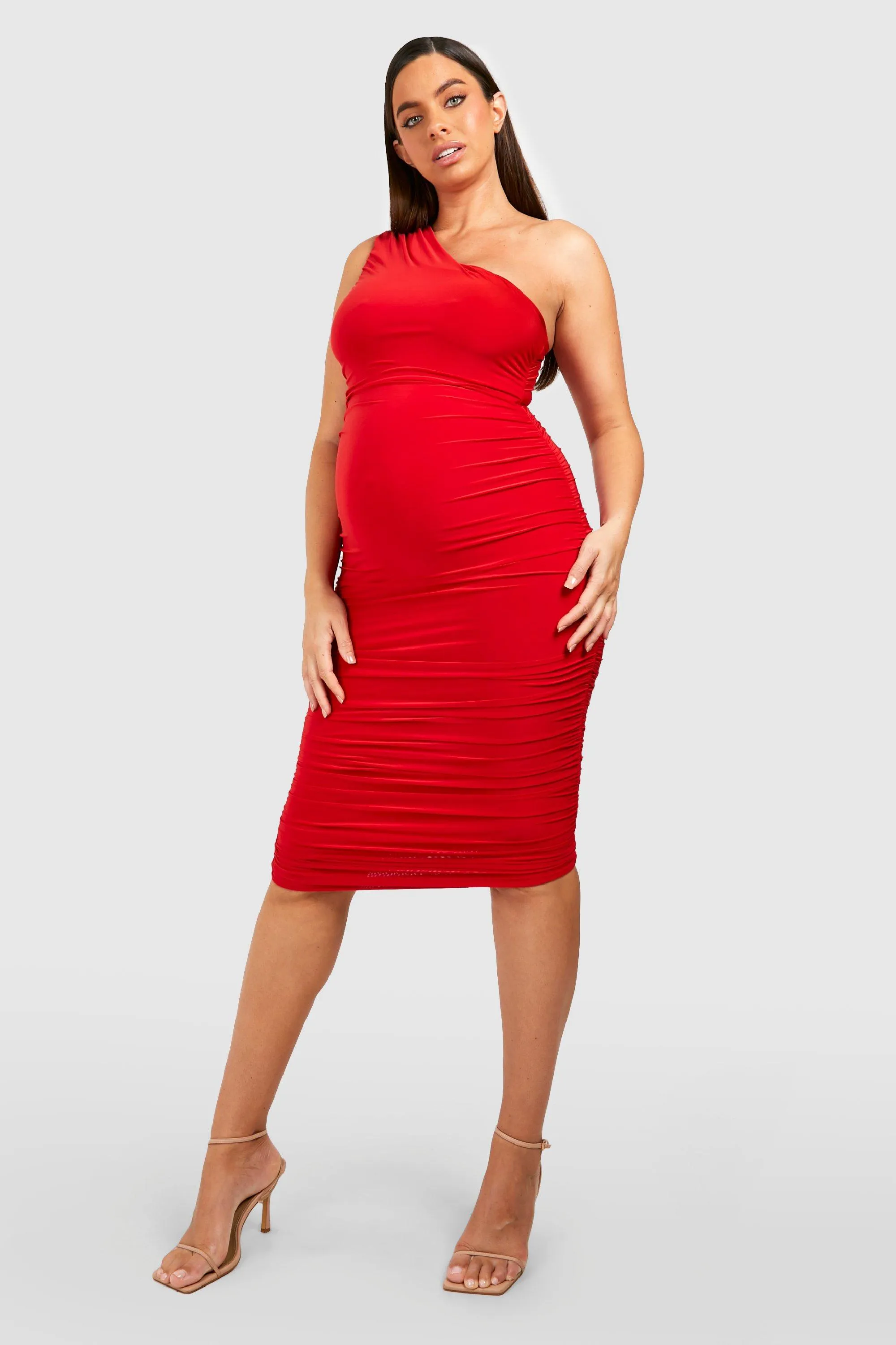 Maternity Slinky One Shoulder Ruched Midi Dress