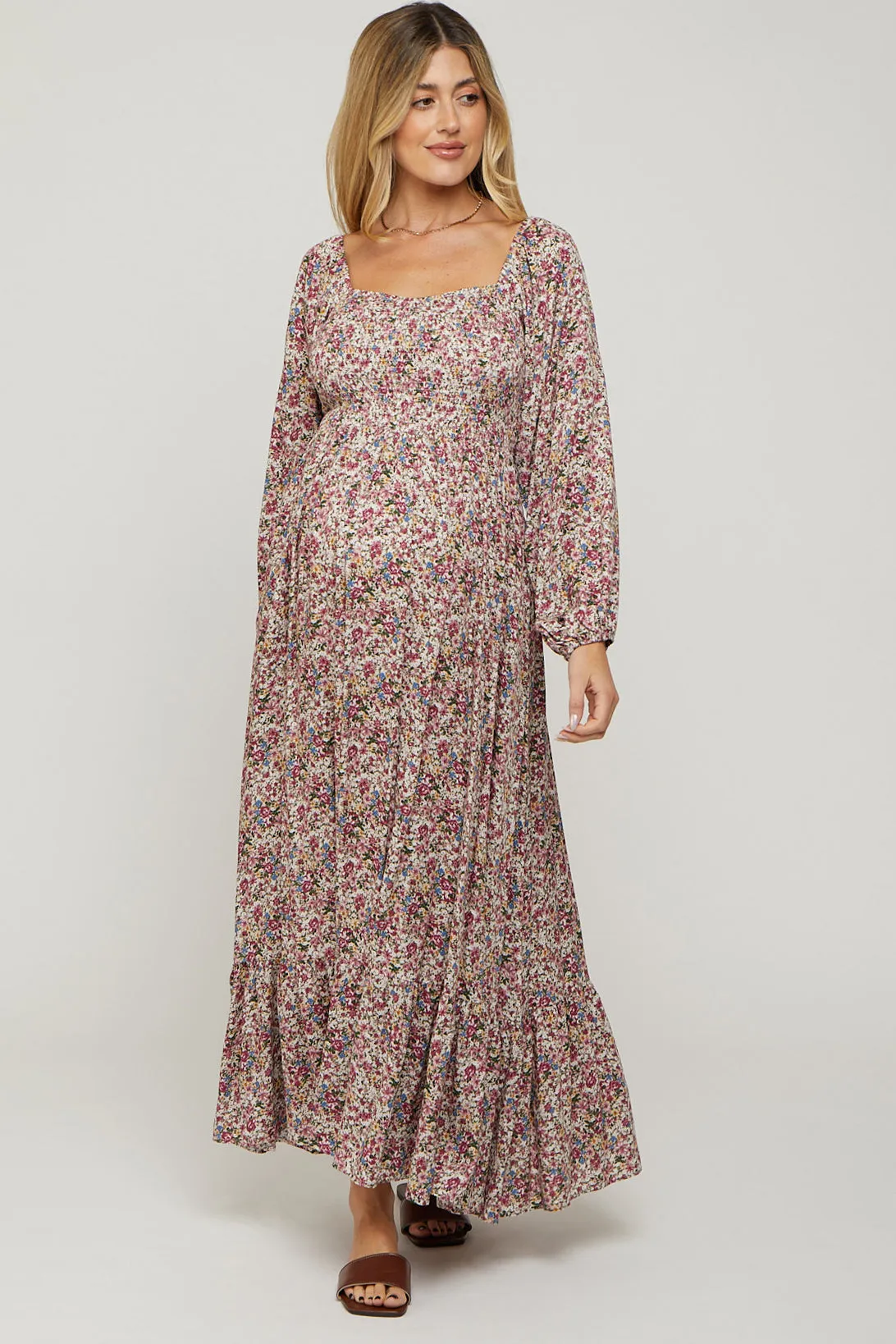 Mauve Floral Long Sleeve Maternity Maxi Dress