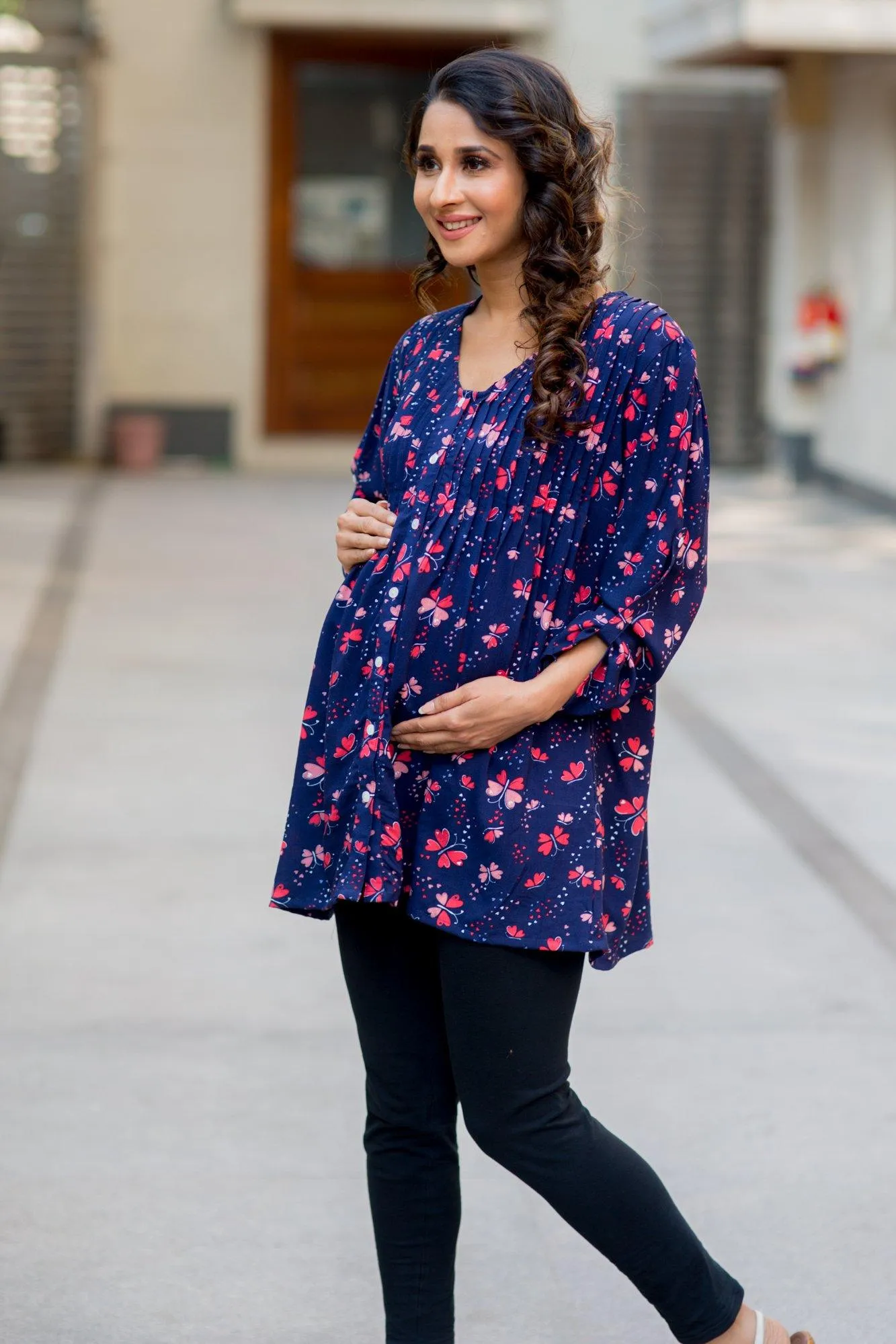 Midnight Blue Pintucks Maternity and Nursing Shirt