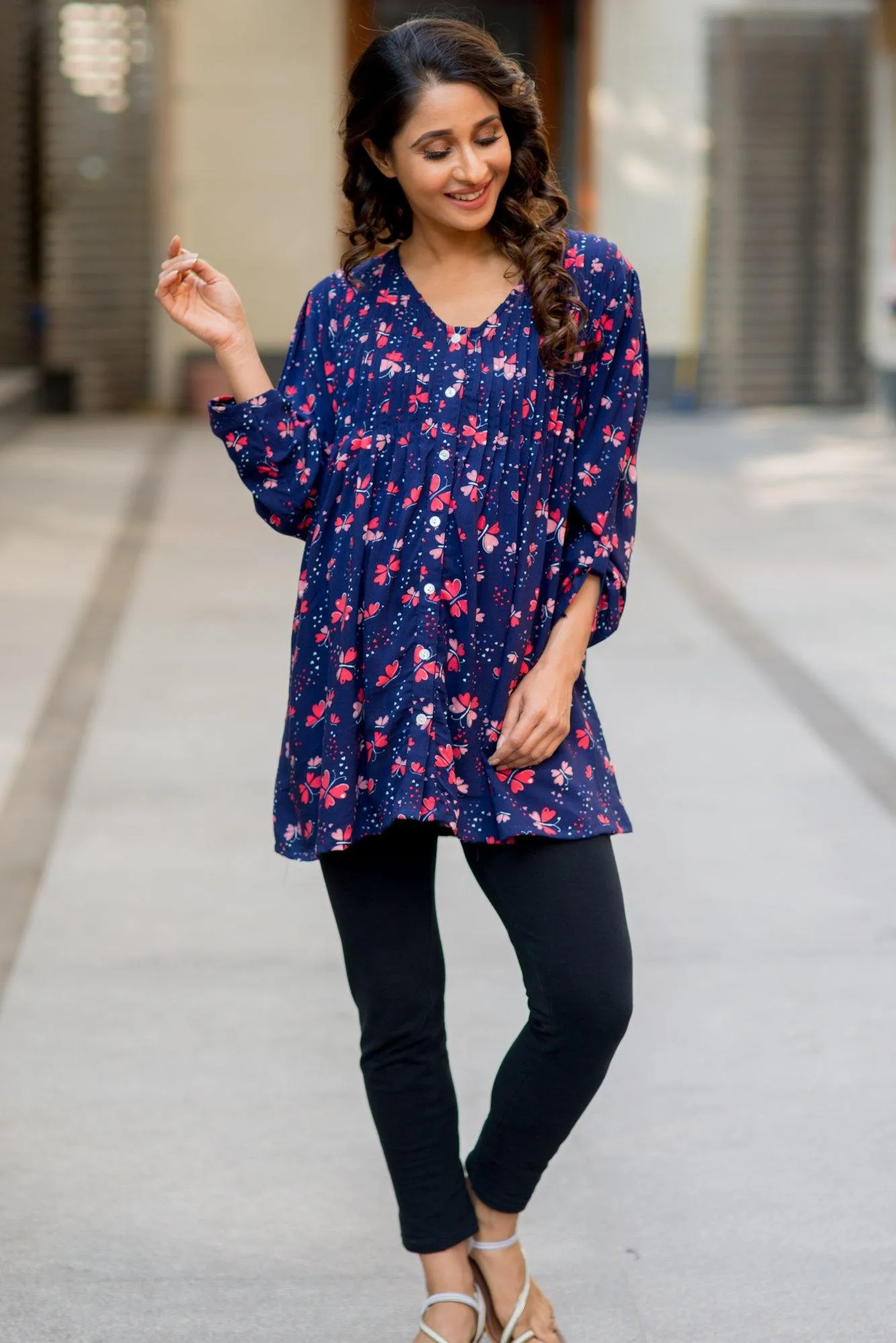 Midnight Blue Pintucks Maternity and Nursing Shirt