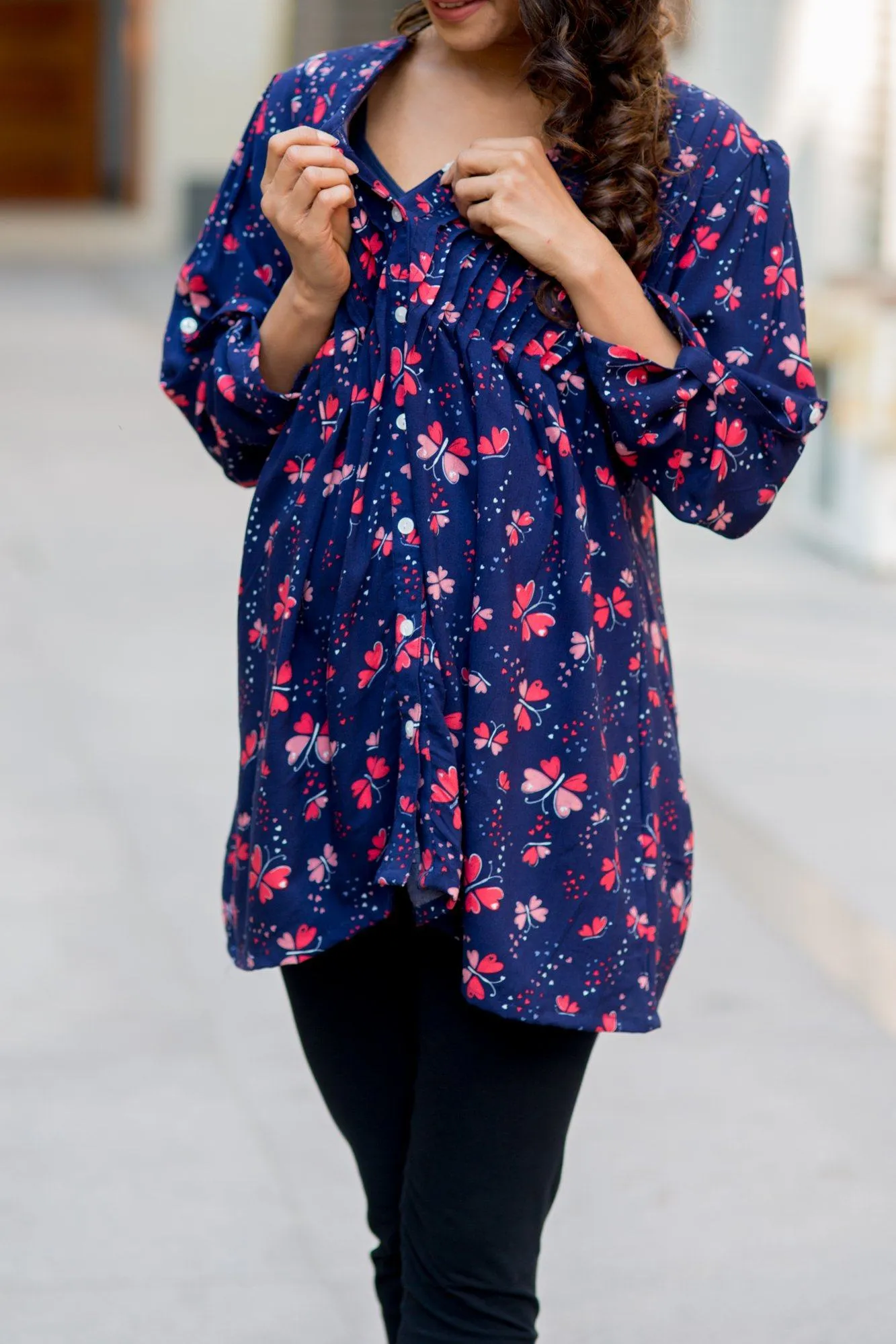 Midnight Blue Pintucks Maternity and Nursing Shirt