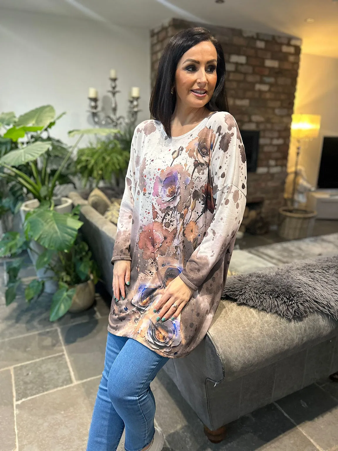 Mocha Floral Colour Splash Tunic Pria