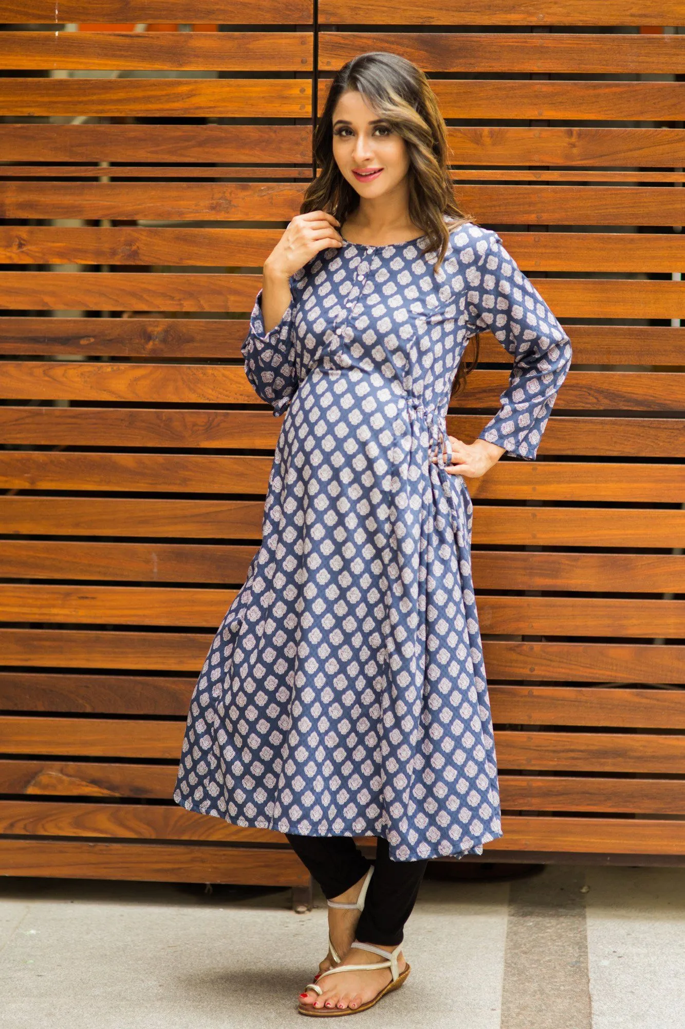 Moonflower Blue Block Print Maternity & Nursing Kurta