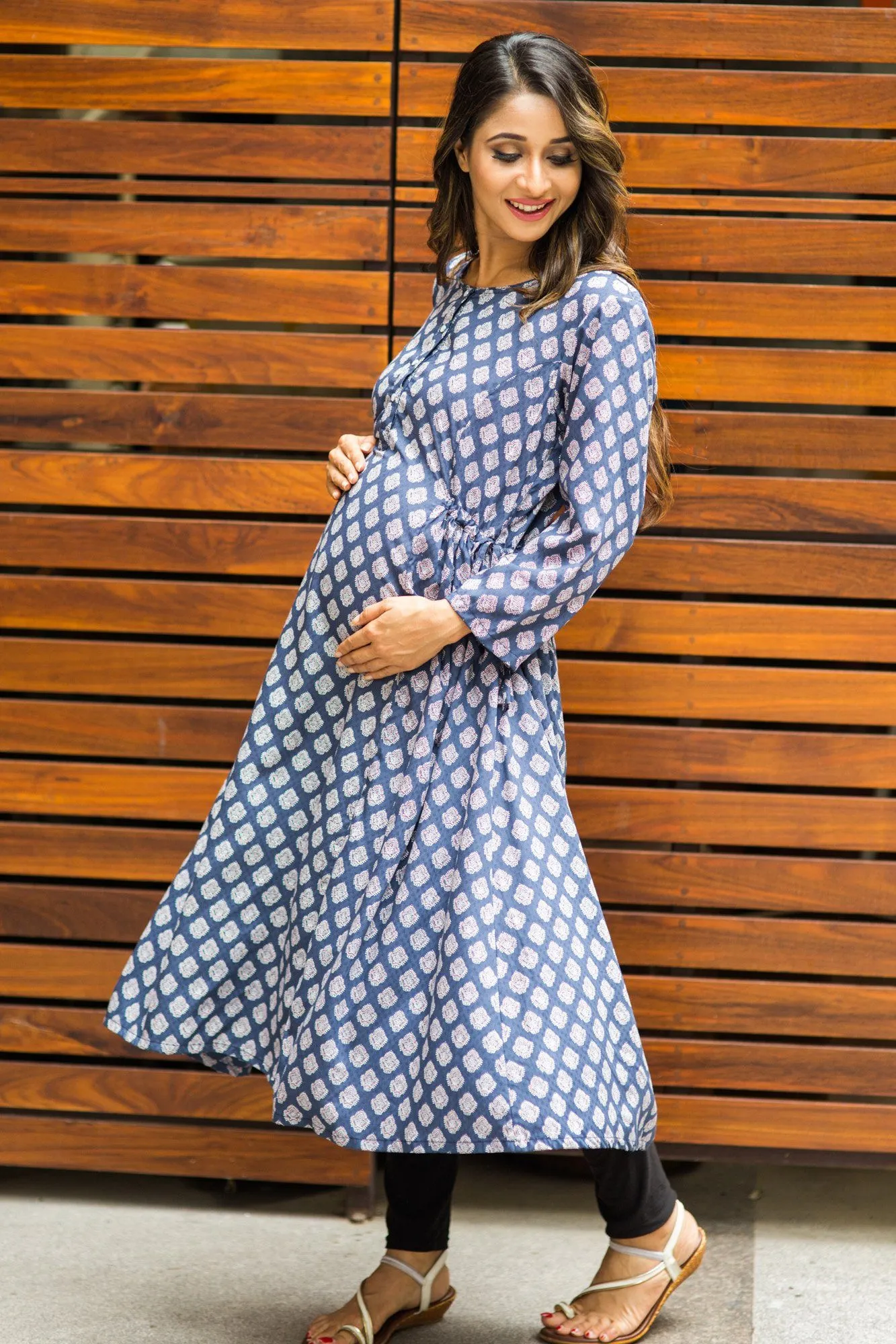 Moonflower Blue Block Print Maternity & Nursing Kurta