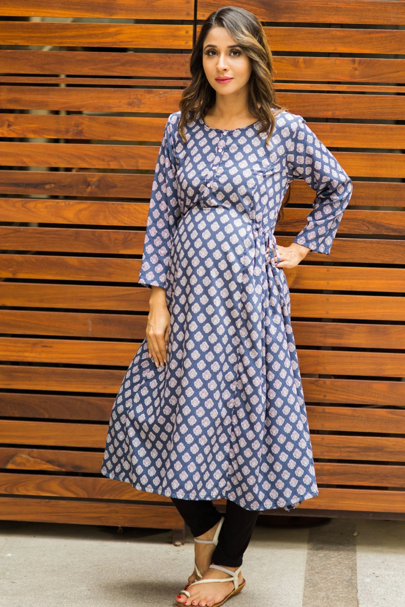 Moonflower Blue Block Print Maternity & Nursing Kurta