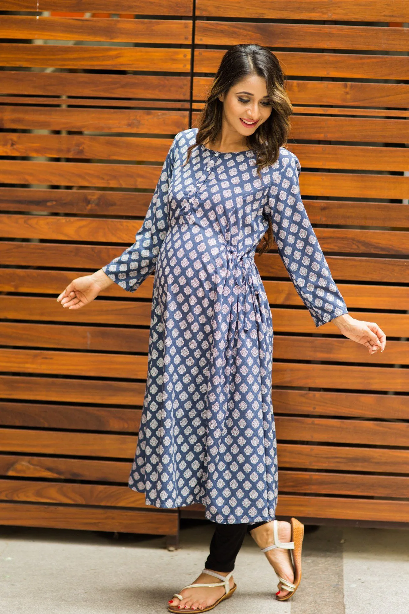 Moonflower Blue Block Print Maternity & Nursing Kurta