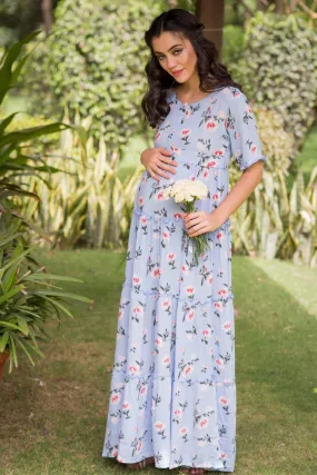 Multilayer Baby Blue Frill Maternity & Nursing Dress