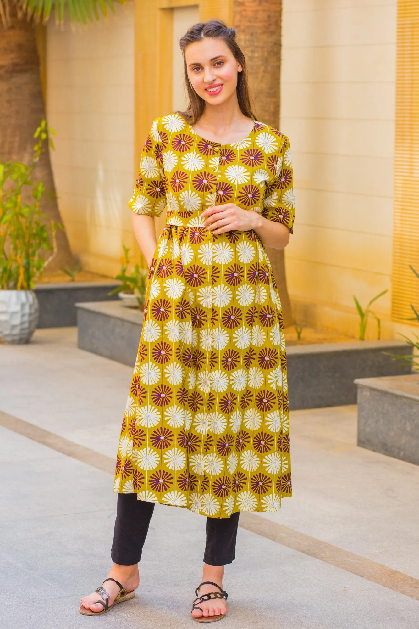 Mustard Sunflower Maternity and Nursing Kurta