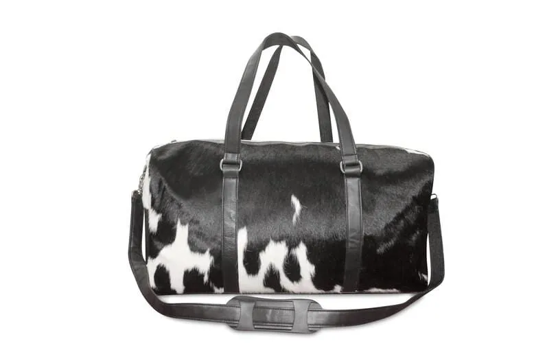 Natural Black and White Cowhide Print Genuine Leather Duffel Bag