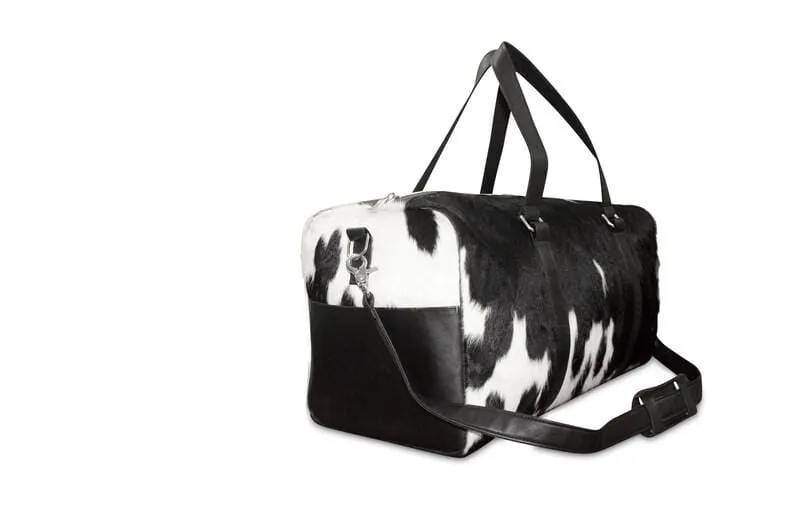 Natural Black and White Cowhide Print Genuine Leather Duffel Bag