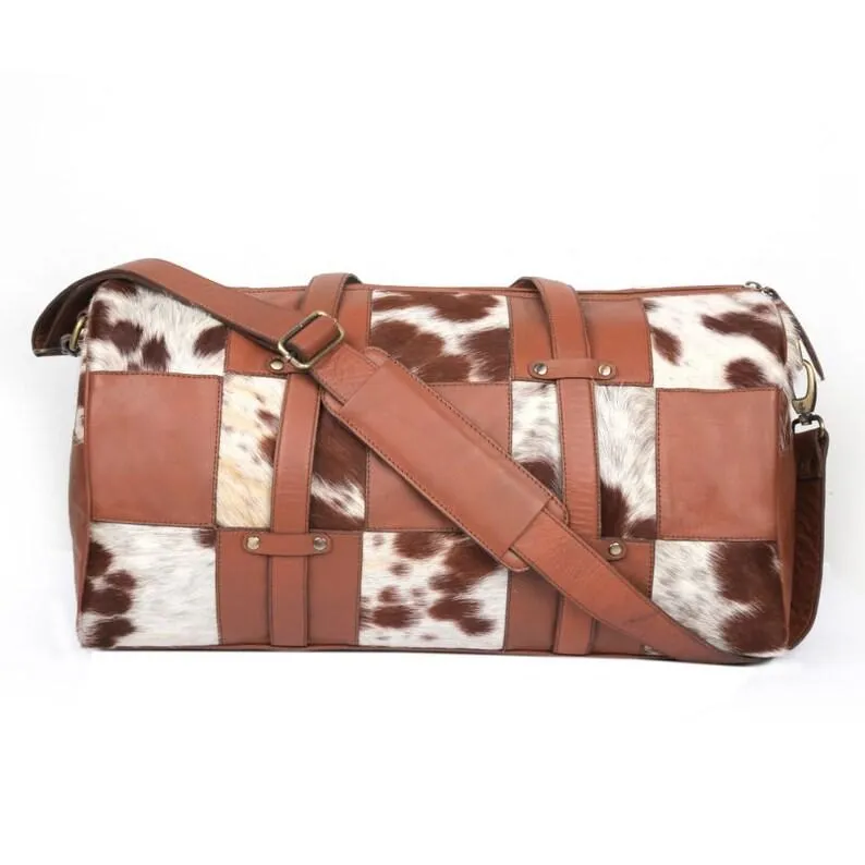 Natural Brown and White Chess Pattern Cowhide Print Genuine Leather Duffel Bag