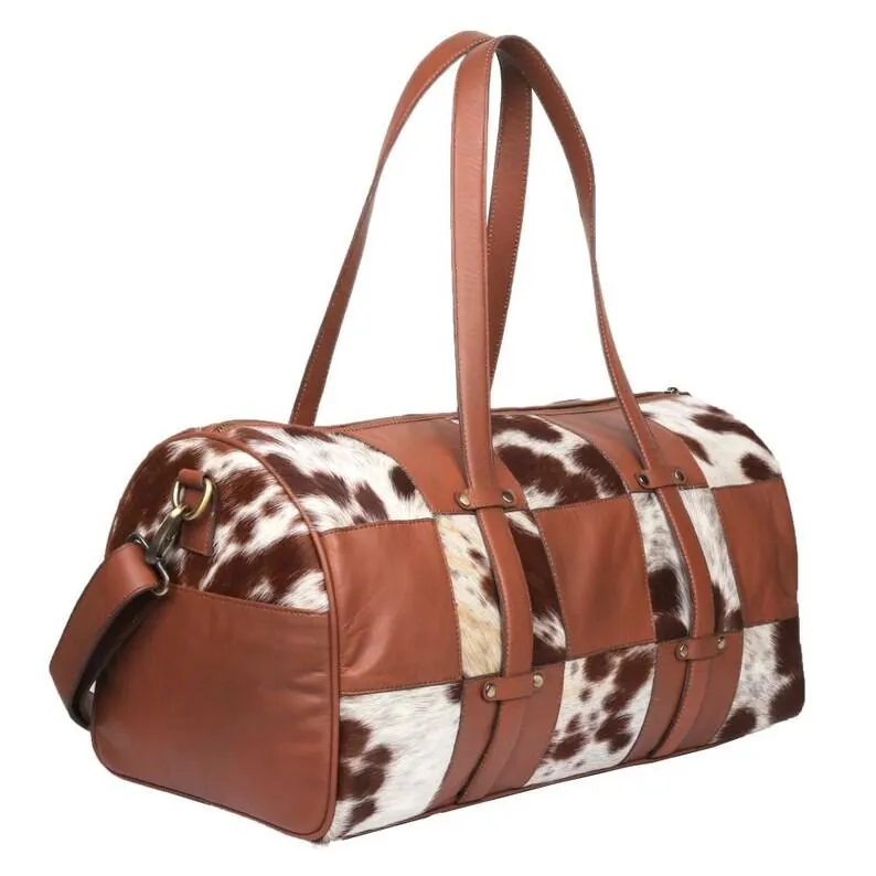 Natural Brown and White Chess Pattern Cowhide Print Genuine Leather Duffel Bag