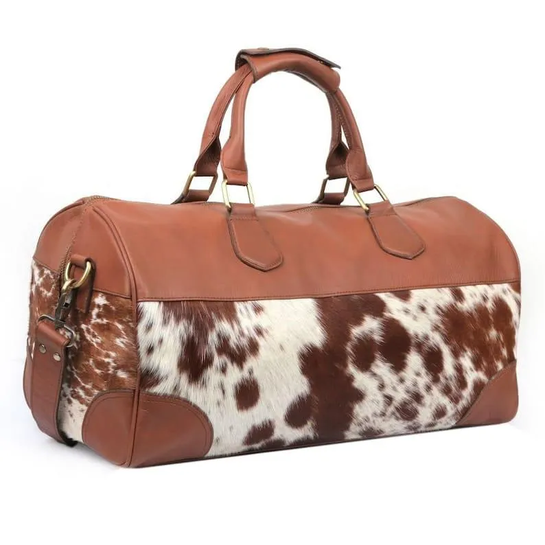 Natural Brown and White Cowhide Print Genuine Leather Duffel Bag