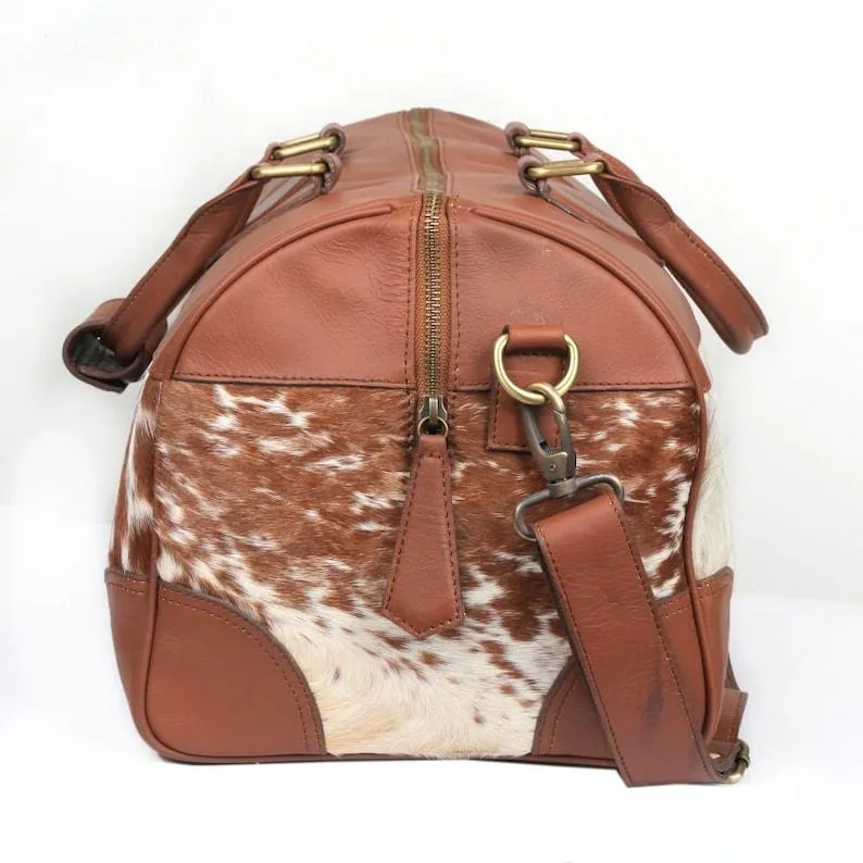 Natural Brown and White Cowhide Print Genuine Leather Duffel Bag