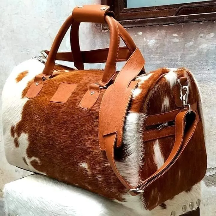 Natural Brown and White Cowhide Print Genuine Leather Duffel Bag