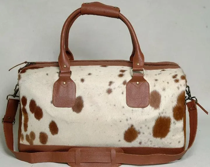 Natural Brown and White Cowhide Print Genuine Leather Duffel Bag