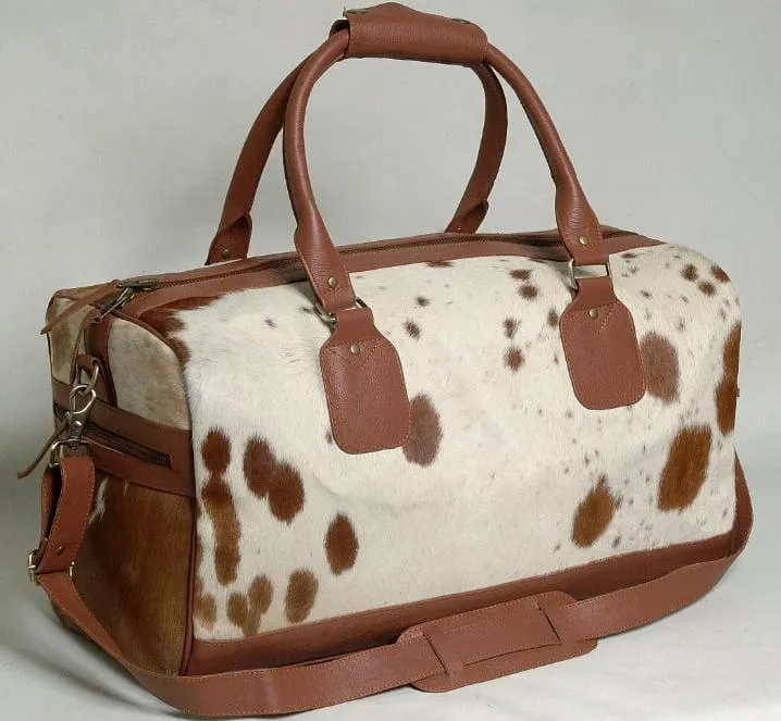 Natural Brown and White Cowhide Print Genuine Leather Duffel Bag