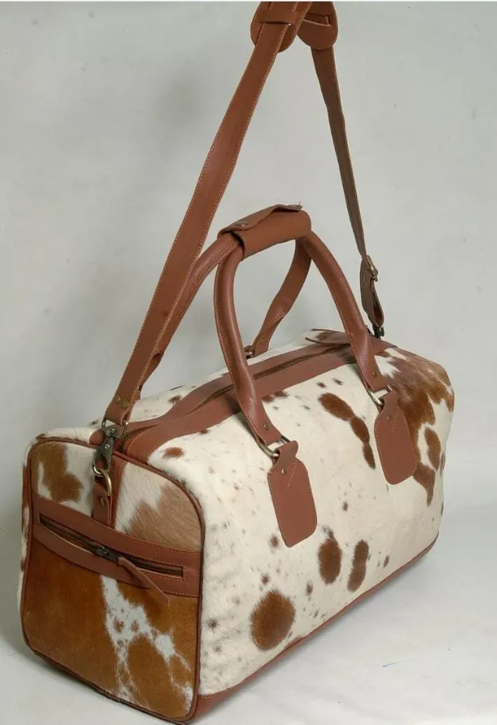 Natural Brown and White Cowhide Print Genuine Leather Duffel Bag