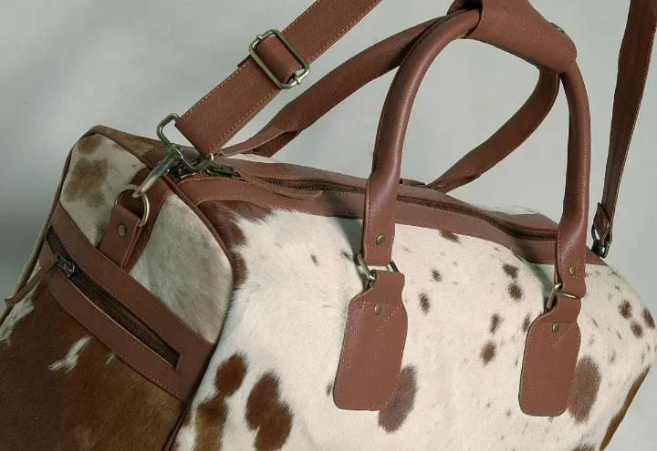 Natural Brown and White Cowhide Print Genuine Leather Duffel Bag