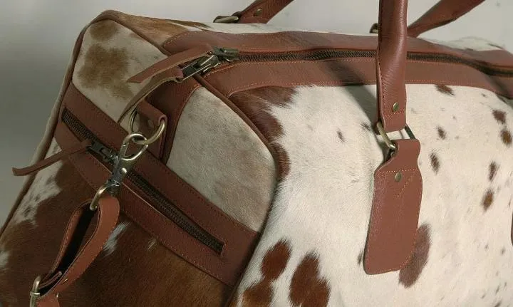 Natural Brown and White Cowhide Print Genuine Leather Duffel Bag