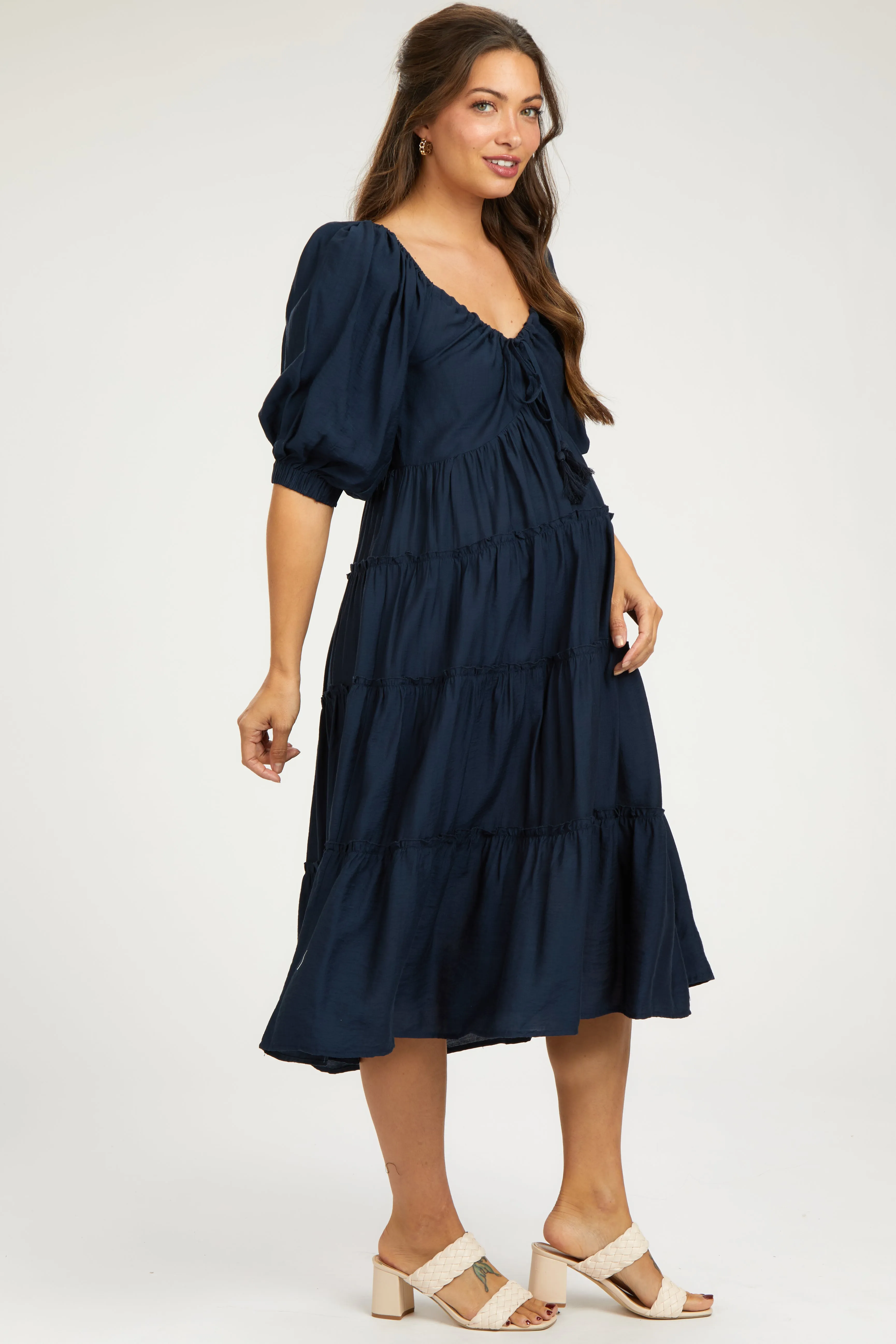 Navy Tiered Maternity Midi Dress