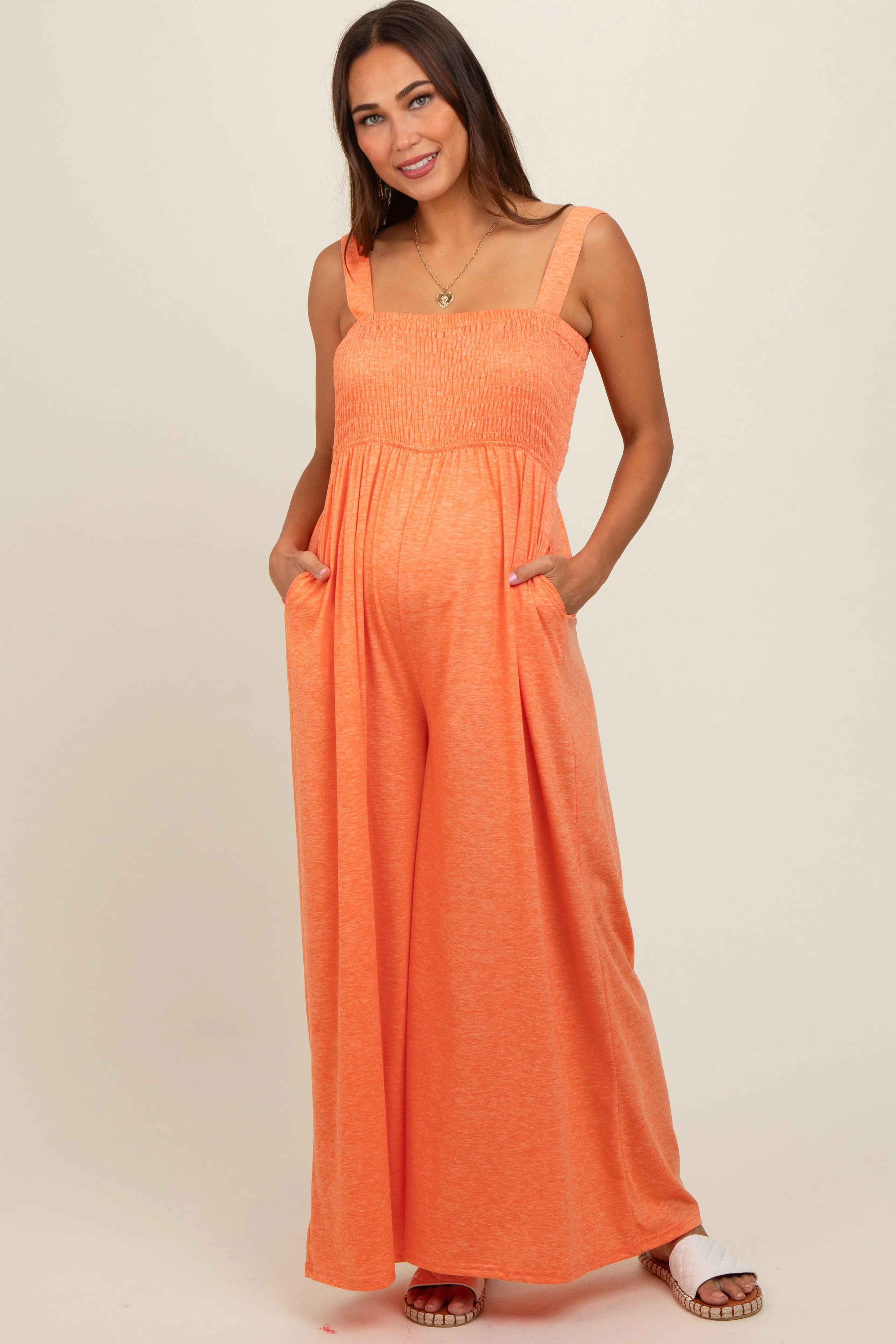 Orange Smocked Wide Leg Maternity Jumpsuit