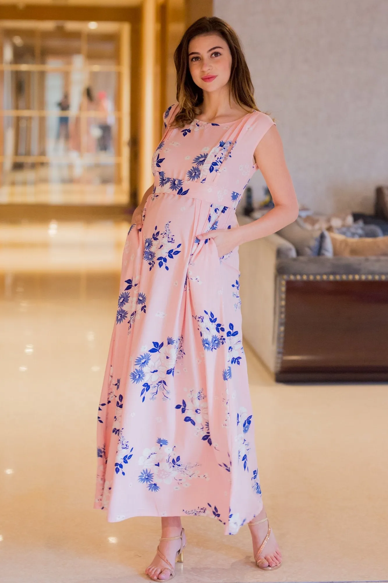 Pastel Pink Side Slits Maternity & Nursing Dress