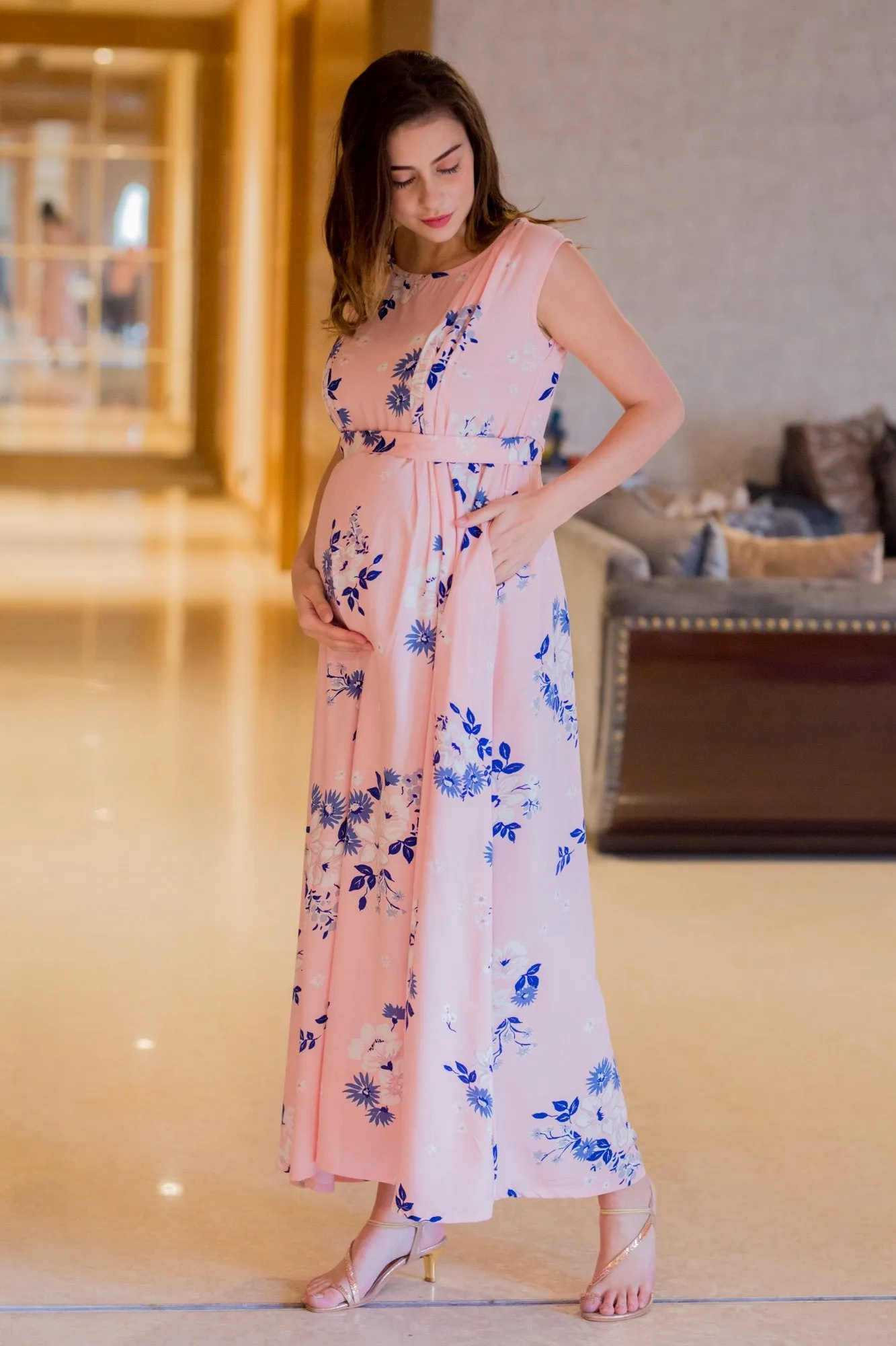 Pastel Pink Side Slits Maternity & Nursing Dress