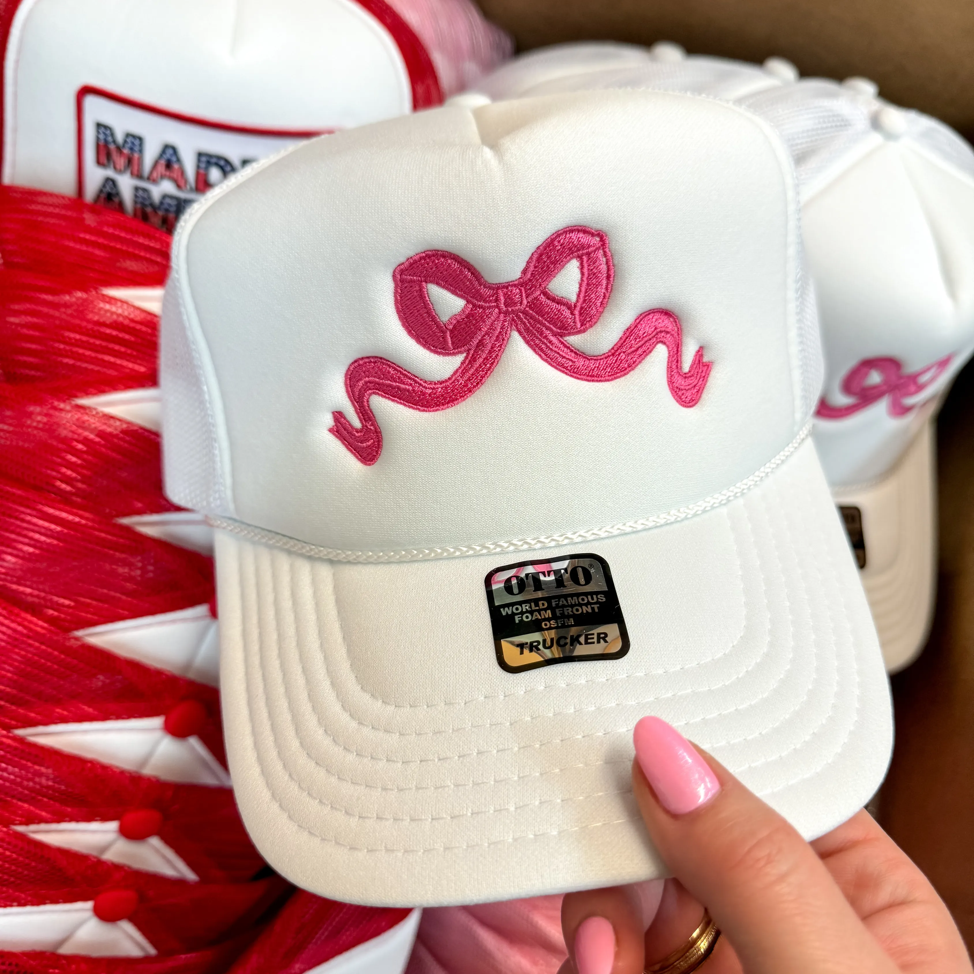 Pink Bow Foam Trucker Hat in White