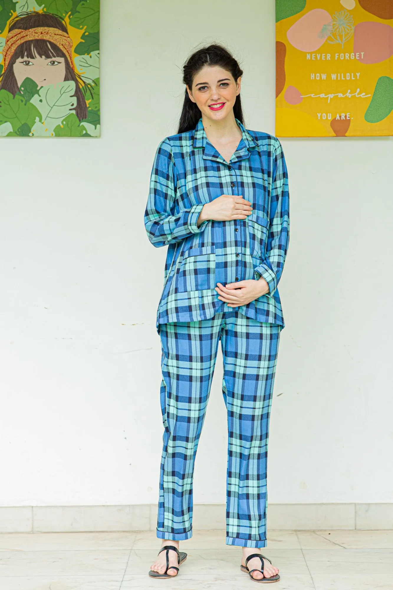 Playful Blue Maternity & Nursing Night Suit Set