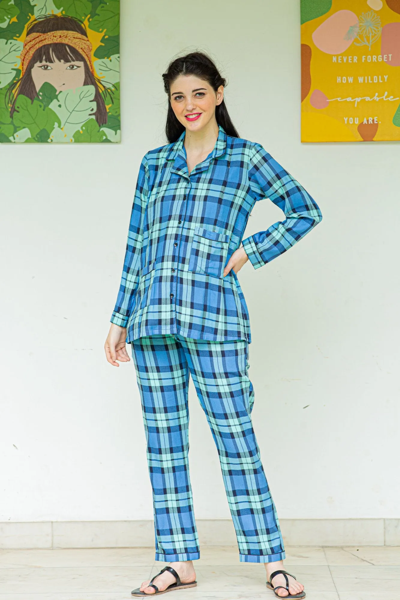 Playful Blue Maternity & Nursing Night Suit Set