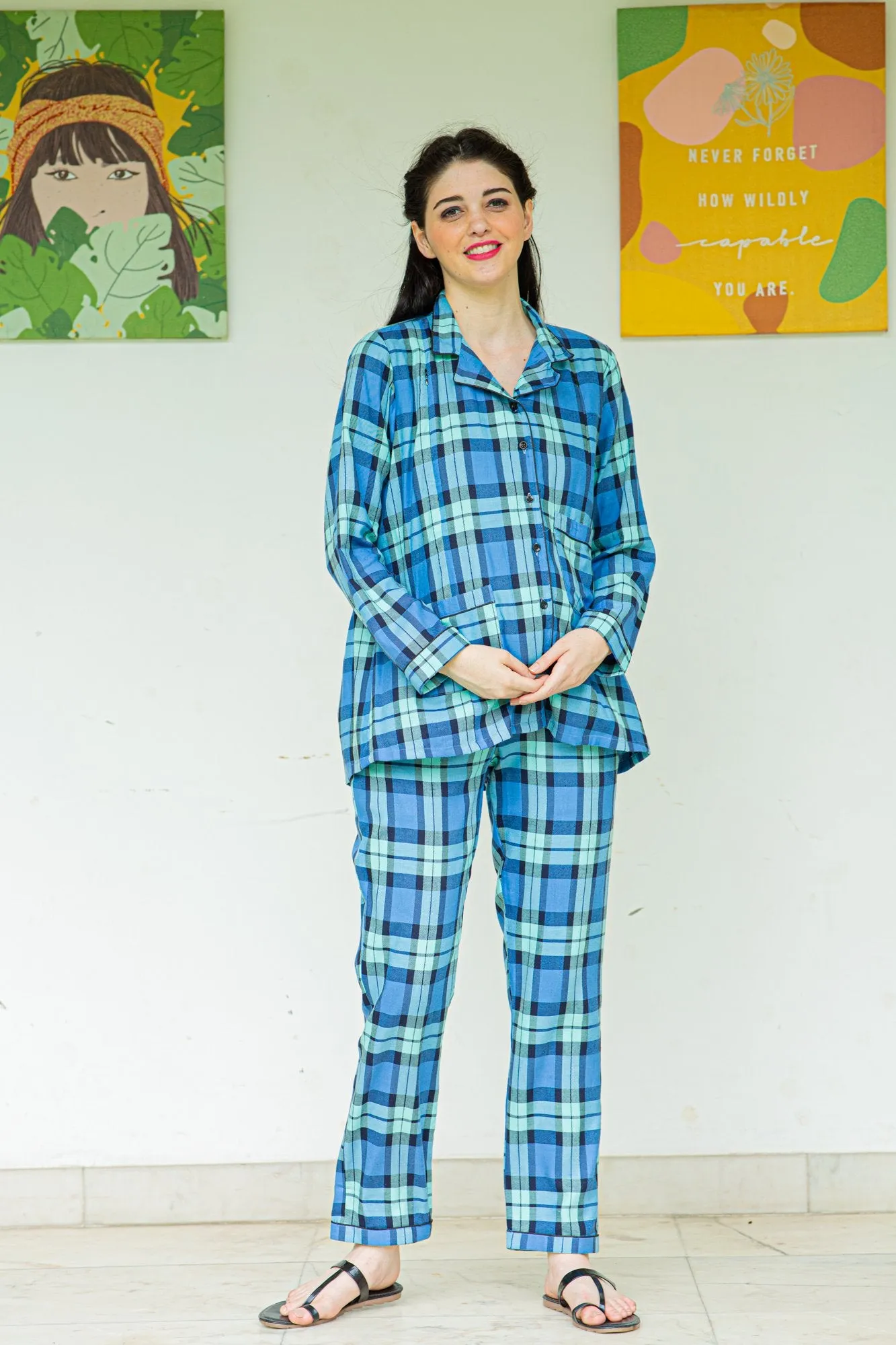 Playful Blue Maternity & Nursing Night Suit Set