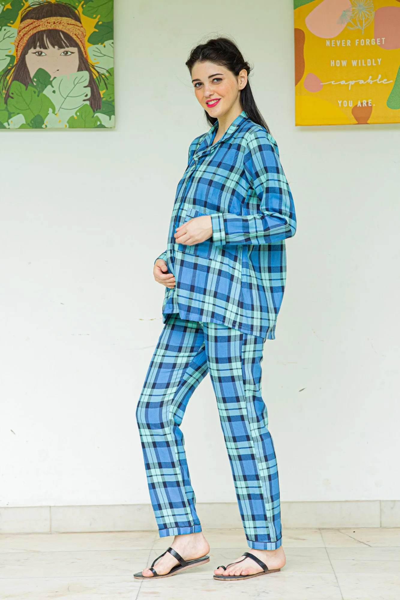 Playful Blue Maternity & Nursing Night Suit Set